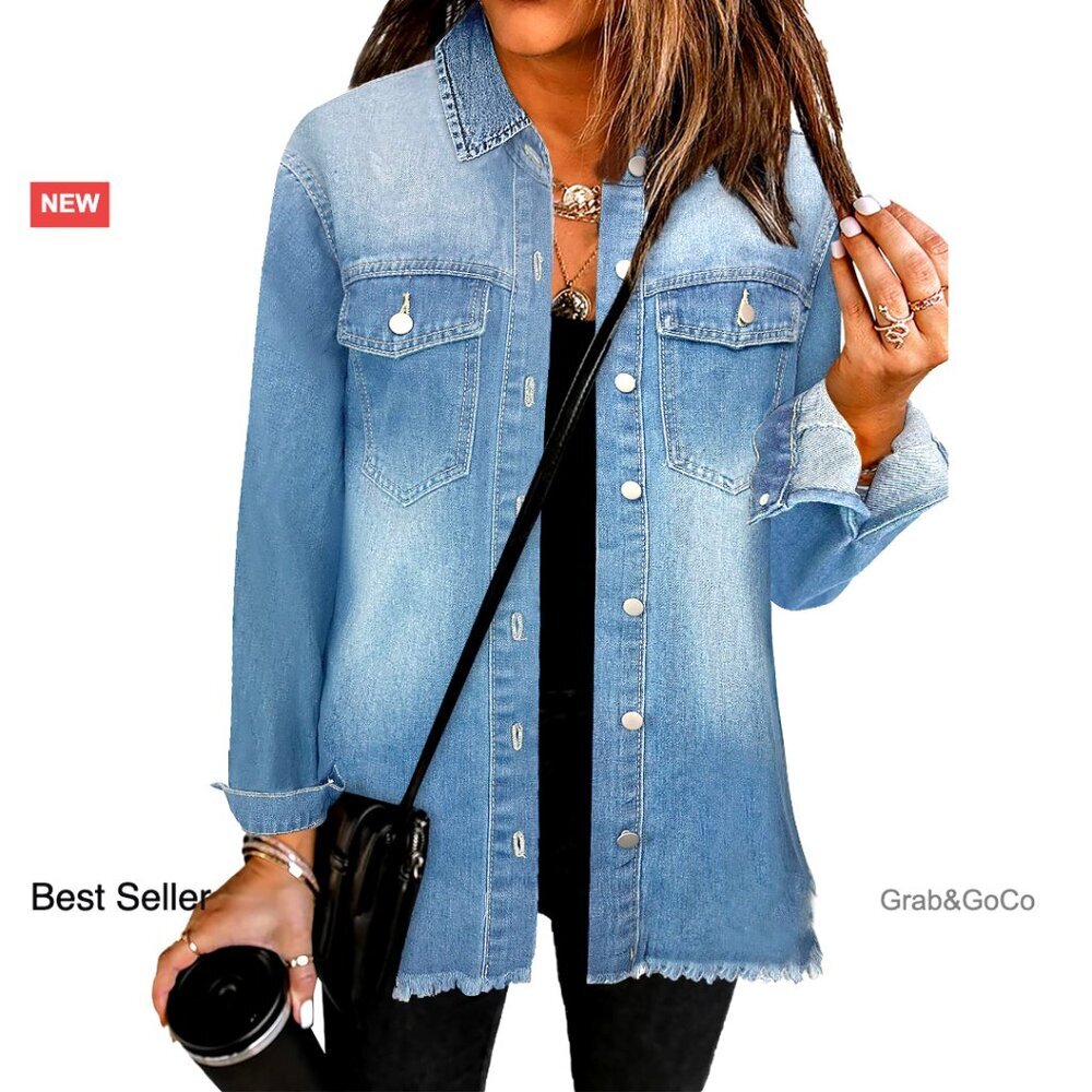 Oversized Distressed Denim Jacket Frayed Hem Casual Vintage Street Style